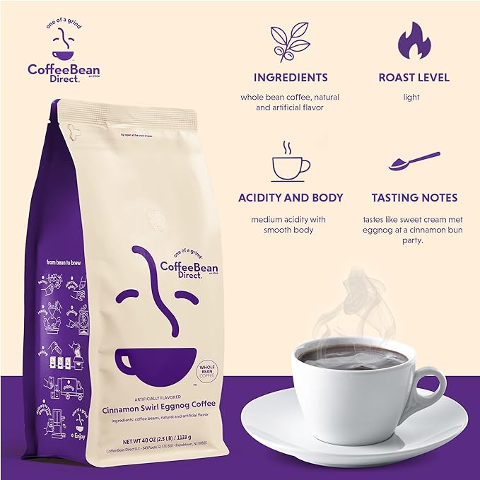Coffee Bean Direct Cinnamon Swirl Eggnog Flavored Whole Bean Coffee 2.5 Pound Bag (Pack of 1)