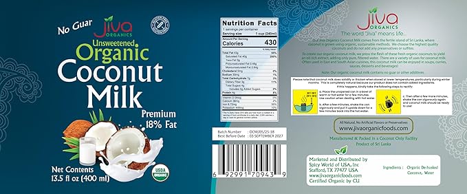 Organic Coconut Milk 13.5 Ounce (Pack of 12) - Unsweetened Premium FULL 18% Fat Vegan Paleo No Guar Gum BPA Free Keto Friendly by Jiva Organics