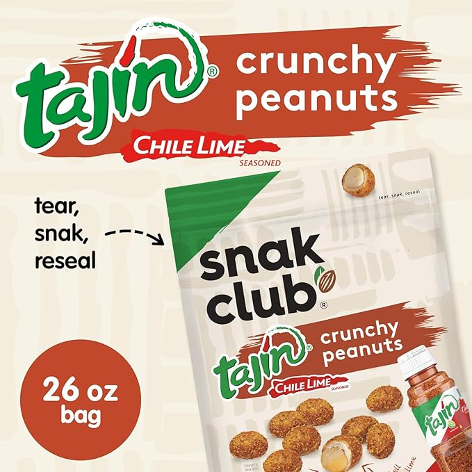 Snak Club Tajin Crunchy Peanuts Nuts with Chili and Lime Seasoning Mild 26 oz Resealable Bag