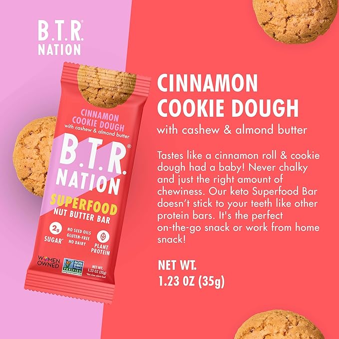 B.T.R. Nation Superfood Keto Protein Bars Plant Based Vegan Protein - Cinnamon Cookie Dough ENERGY | 12 Pack| Low Carb Low Calorie Gluten Free No Sugar Alcohols Boosted with Superfoods