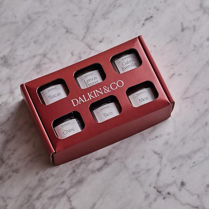 Dalkin &amp Co Mini Seasoning Discovery Set 6 Signature Spice Blends for Cooking and Gifting With Tuscan Chimi Taco Meat Lemon Pepper &amp Gaby’s Everyday Eco Friendly Reusable Jars