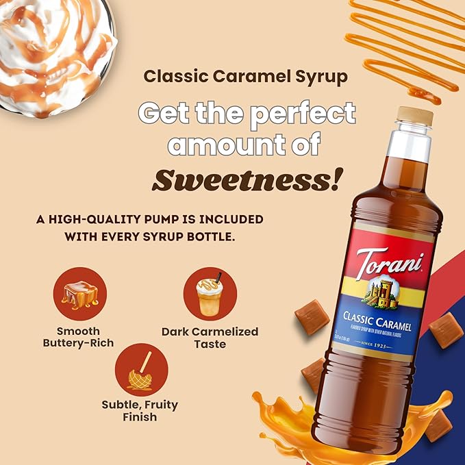 Torani Classic Caramel Syrup 1 Liter Bottle with Pump – Premium Coffee Flavoring with Pure Cane Sugar Natural Caramel Flavor for Lattes Desserts Cocktails &amp More