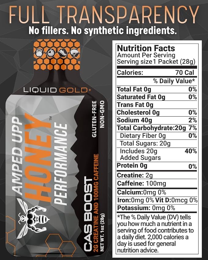 Amped Upp Honey PRE7-CAS Boost. for Strength. Energy. Hydration. Mental Focus. Prepare. Perform. Recover. Organic • Non-GMO • Made in The USA (Box of 12 Single-Serve Packets)
