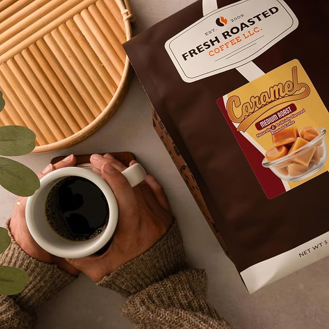 Fresh Roasted Coffee Caramel Flavored Coffee 5 lb (80 oz) Medium Roast Kosher Ground
