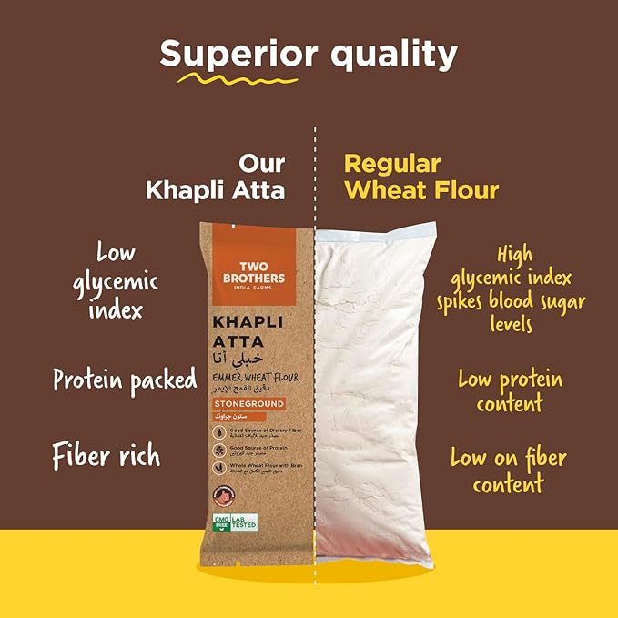 Two Brothers Organic Farms - Khapli Wheat Flour (2kg) | Low-Gluten Wheat Flour | High Dietary Fiber for Easy Digestion | Stoneground Emmer | Khapli Atta | Organic Atta (Pack of 1 kg x 2)