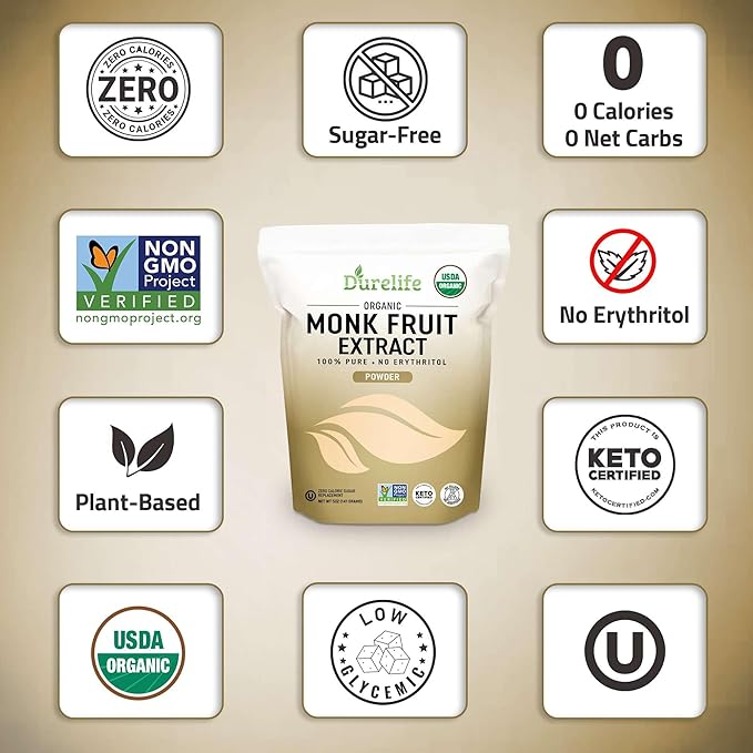 Durelife Organic 100% Pure Monk Fruit sweetener No Erythritol Monkfruit Extract Powder USDA organic NON-GMO Project Verified Keto Certified OU kosher No Fillers Zero Calorie Sugar Substitute 5 OZ