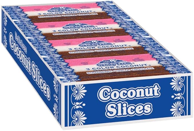 Neapolitan Coconut Slice Candy Bars (Vanilla Chocolate &amp Strawberry-striped moist coconut 1.65 Ounce Bars) 24 Count