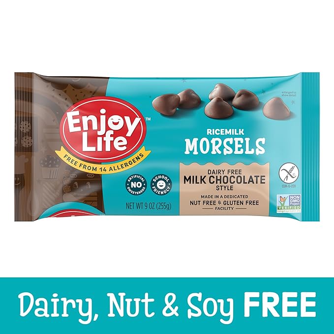 Enjoy Life Ricemilk Baking Morsels Milk Chocolate Flavor Gluten Free School Safe Non GMO Dairy Free Soy Free Vegan Nut Free Chocolate 12 Bags (9 oz) Bulk Chocolate