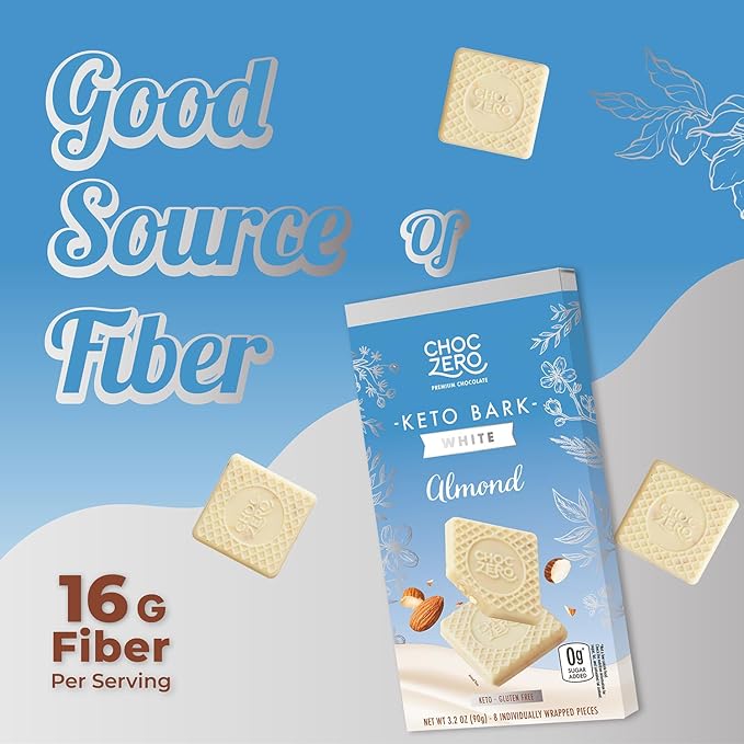 ChocZero Keto Bark White Chocolate Almond No Added Sugar High Fiber Low Carb No Sugar Alcohols No Artificial Sweeteners 3.2 Ounce (Pack of 4)