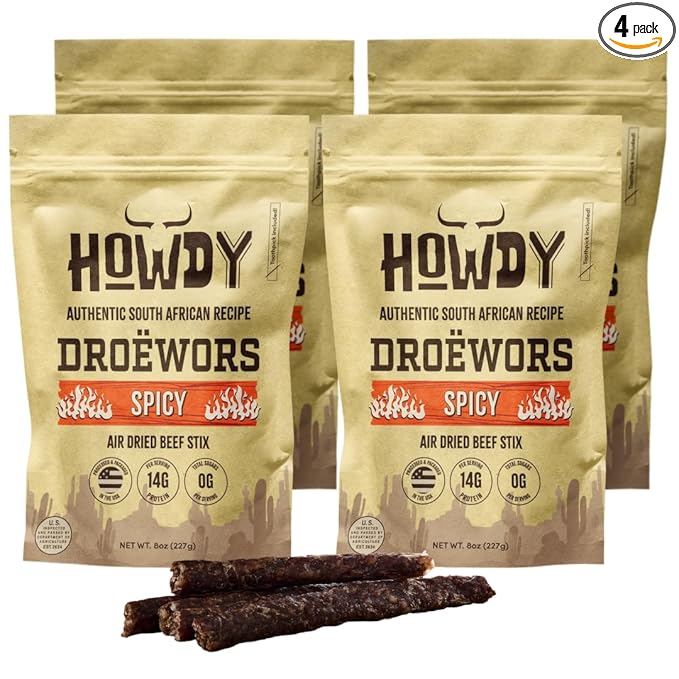 Howdysnax Spicy Droëwors – Authentic South African Air-Dried Beef Sticks Small-Batch Crafted High-Protein Snack Keto &amp Paleo Friendly No Added Sugar - 8 Ounce (Pack of 4)