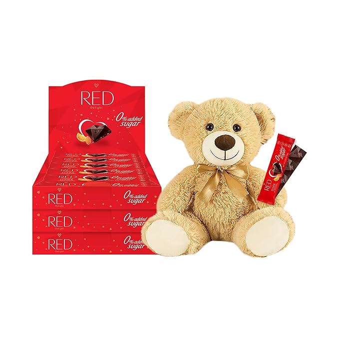 RED Delight®™ Orange and Almond Dark Chocolate 12 Count Box of Grab N Go Travel Size Bars (0.92 Ounces Each) (3 Boxes - Total of 36 Bars + 14 Plush Teddy Bear)