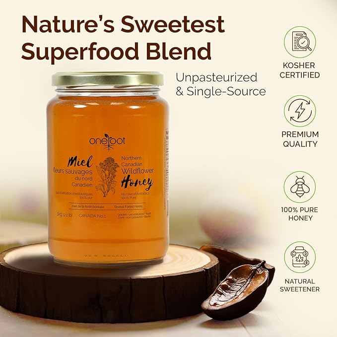 OneRoot Natural Wildflower Honey - 2.2 lbs / 1kg Pure Canadian Boreal Forest Honey - Unpasteurized Minimally Filtered &amp Single-Source - Rich in Enzymes &amp Antioxidants