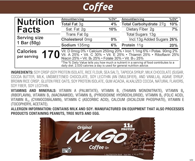 NuGo Protein Bar Coffee 11g Protein Gluten Free 15 Count