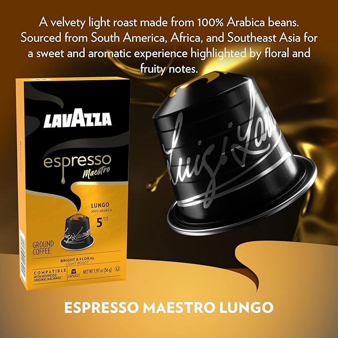 Lavazza Leggero Lungo Medium Roast Capsules Compatible with Nespresso Original Machines (Pack of 60) Value Pack Blended and roasted in Italy Full bodied velvety crema and fruity and floral notes