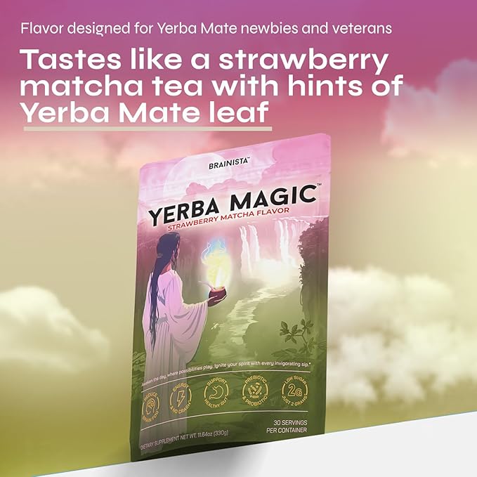 Yerba Magic Yerba Mate Powder Packets - Instant Clean Energy &amp Focus Drink Mix for Gut Health - Nootropic Blend with Lion’s Mane L-Theanine Prebiotics &amp Probiotics - Low Sugar Natural Caffei