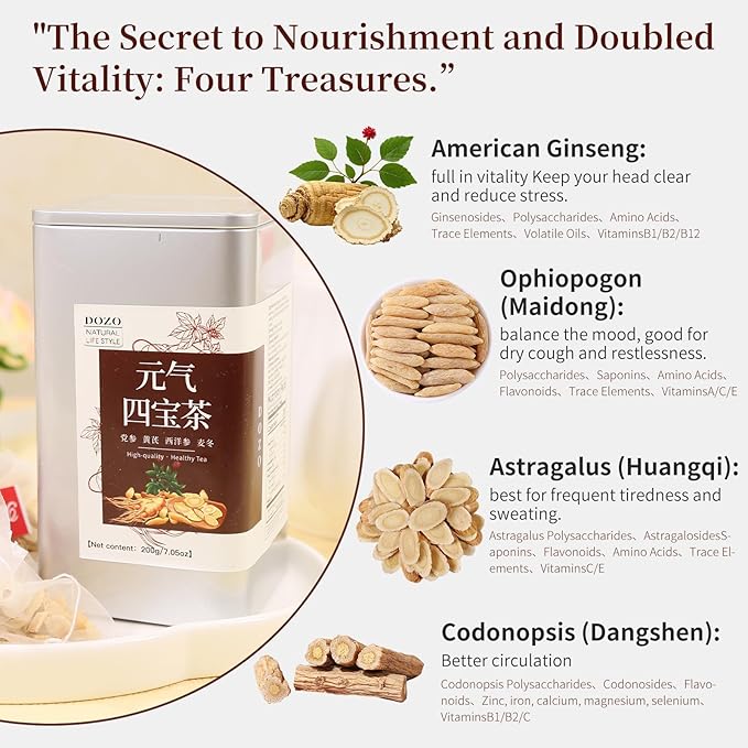 DOZO Four Treasures Tea for Men Women 40bags Chinese Herbal Tea Ophiopogon Astragalus Root Codonopsis Root American Ginseng for Nourishing Qi 黄芪 麦冬 西洋参 党参 元气四宝茶