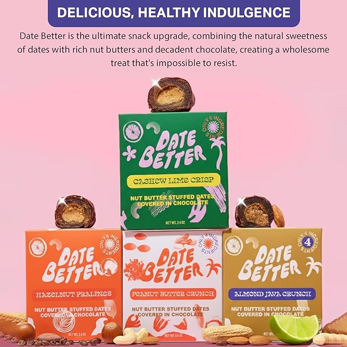 Date Better Stuffed Medjool Dates Variety Pack - Dark Chocolate-Covered Dates Filled With Peanut Butter Hazelnut Cashew Lime &amp Almond Java | No Artificial Sweeteners Gluten-Free &amp Vegan (8