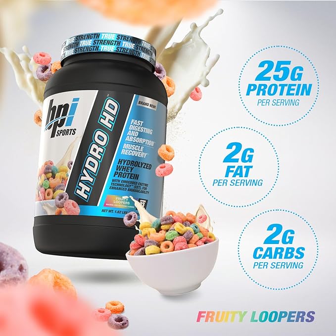 BPI Sports Hydro HD - 100% Hydrolyzed Whey Protein Powder - Muscle Growth Recovery 25g of Hydrolyzed Protein Low Carb Low Sugar Fast Absorbing (68 Servings Fruity Loopers)