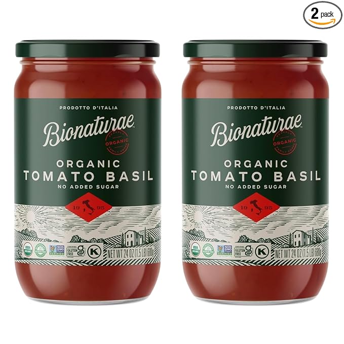 Bionaturae Organic Tomato Basil Pasta Sauce - Gluten Free Sauce for Spaghetti Pizza &amp Lasagna Non GMO No Added Sugar Kosher Glyphosate Free Made in Italy Tastes Homemade - 24 oz Jar (2 Pac