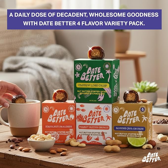 Date Better Stuffed Medjool Dates Variety Pack - Dark Chocolate-Covered Dates Filled With Peanut Butter Hazelnut Cashew Lime &amp Almond Java | No Artificial Sweeteners Gluten-Free &amp Vegan (8