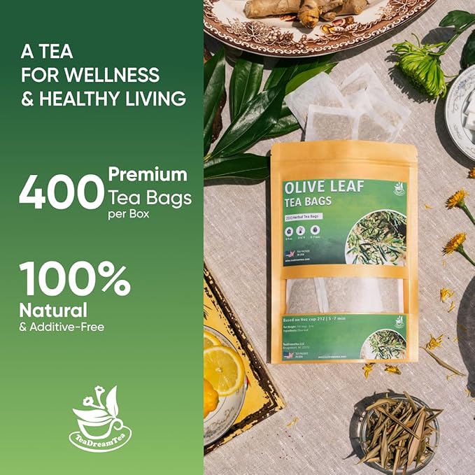 TeaDreamTea Olive Leaf Tea Bags - 400 Count Natural Caffeine-Free | Herbal Tea for Blood Pressure | Antioxidant &amp Immune Support