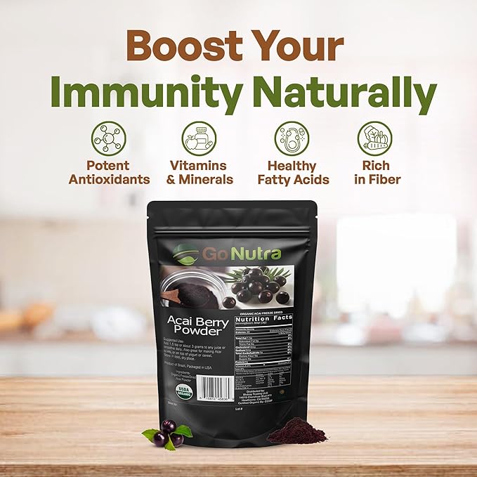 Go Nutra Acai Powder Organic | Acai Berry Freeze Dried Superfood Powder from Brazil | Freshnees Boost for Bowl Juices Smoothie | 8 oz