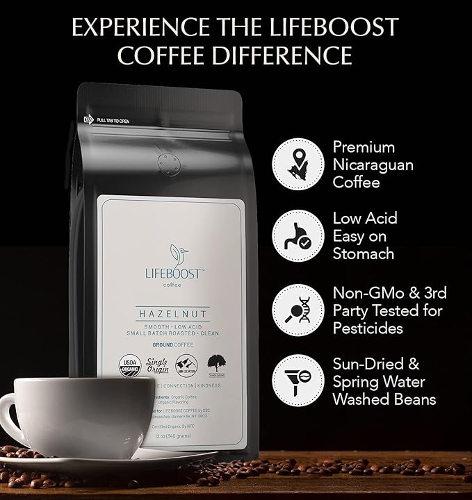 Lifeboost Hazelnut Ground Coffee – Organic Low Acid Non-GMO Hazelnut Flavored Coffee – Single Origin Mold-Free Mycotoxin Tested Coffee 12 oz