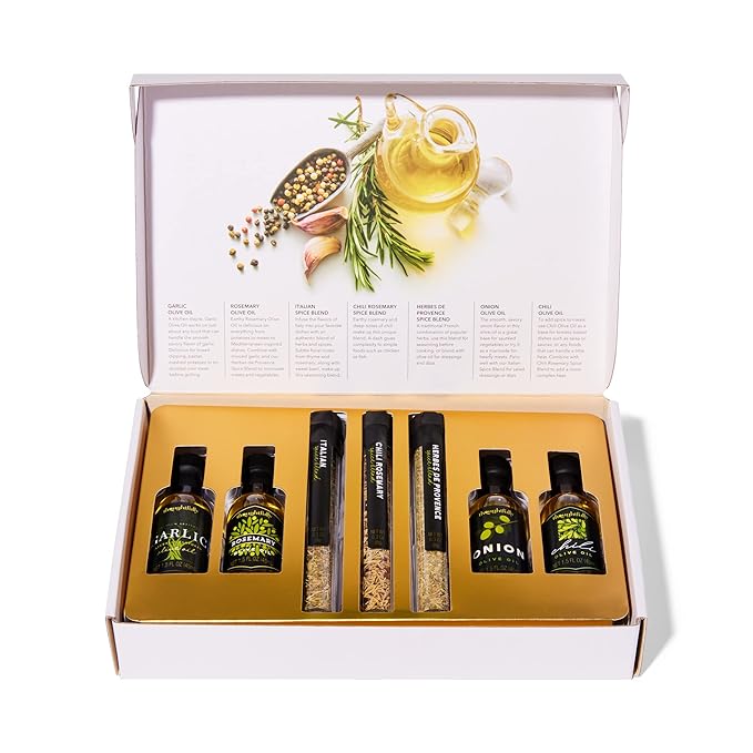Thoughtfully Gourmet Olive Oil Spice Infusion Gift Set Premium Cold Pressed Extra-Virgin Olive Oil from Spain Includes 4 Flavored Olive Oils and 3 Flavorful Spice Infusion Blends Set of 7