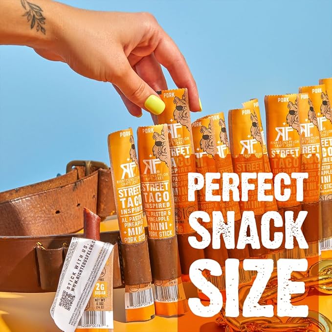 Righteous Felon Mini Meat Sticks | 100% Pork Sticks | Keto Gluten Free Low Sugar High Protein Snacks | Healthy Meat Snacks for Kids &amp Adults | Street Taco Pork Sticks 24 Count