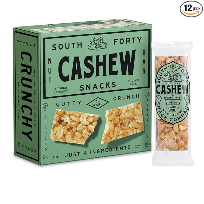 South 40 Snacks Crunchy Cashew Bar Just 4 Ingredients Touch of Honey (40g Bar Pack of 12)