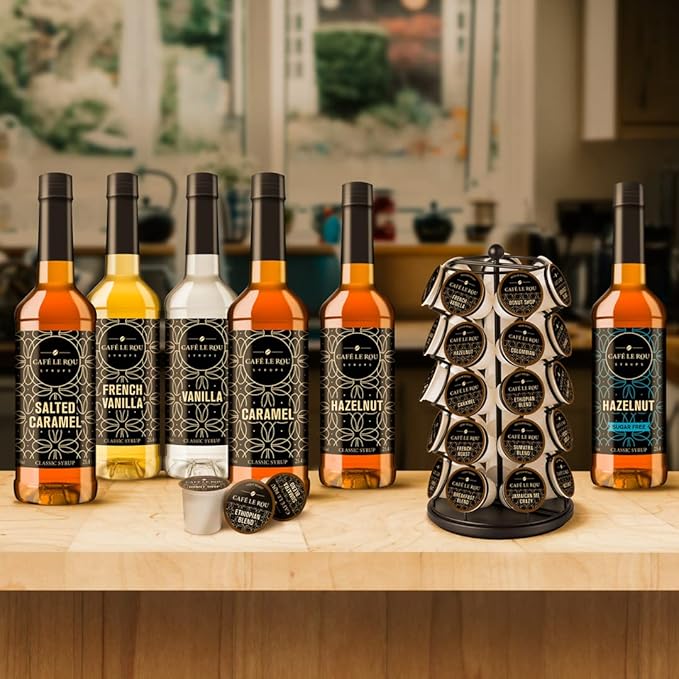 Café Le Rou Coffee Syrup Variety 5-Pack- 25.4 oz Vanilla French Vanilla Caramel Salted Caramel Hazelnut *Includes 5 Syrup Pumps* Flavoring Syrup for Coffee Tea and Espresso