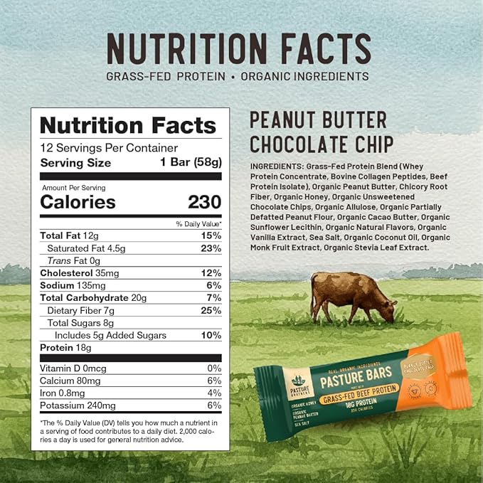 Pasture Brothers Grass-Fed Protein Bars - 18g Protein Seed Oil Free &amp Gluten Free - Clean Energy Snack with Organic Ingredients No Artificials (12-Pack Peanut Butter Chocolate Chip)
