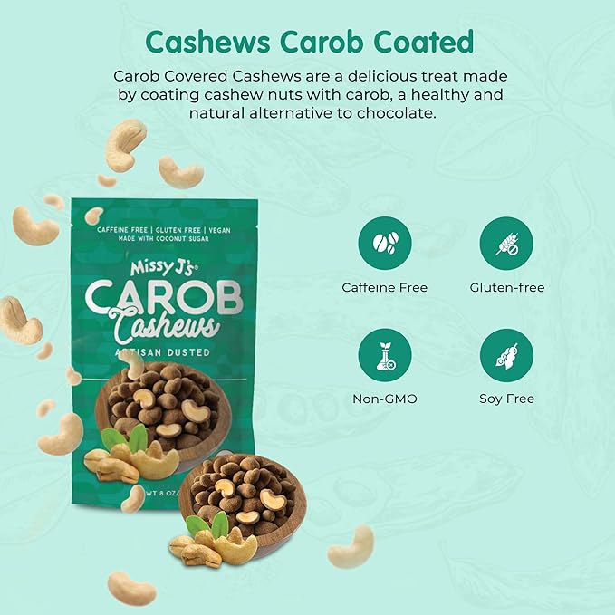 Missy J's Organic Carob Covered Cashews 8 Oz 3 Pack Vegan Gluten Free Substitute for Chocolate Perfect for Snacks and Treats
