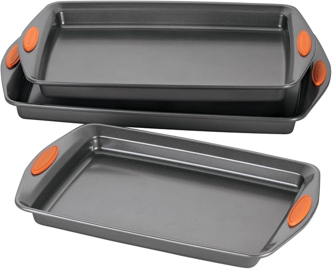 Rachael Ray Nonstick Bakeware Set with Grips Nonstick Cookie Sheets / Baking Sheets - 3 Piece Gray with Orange Grips