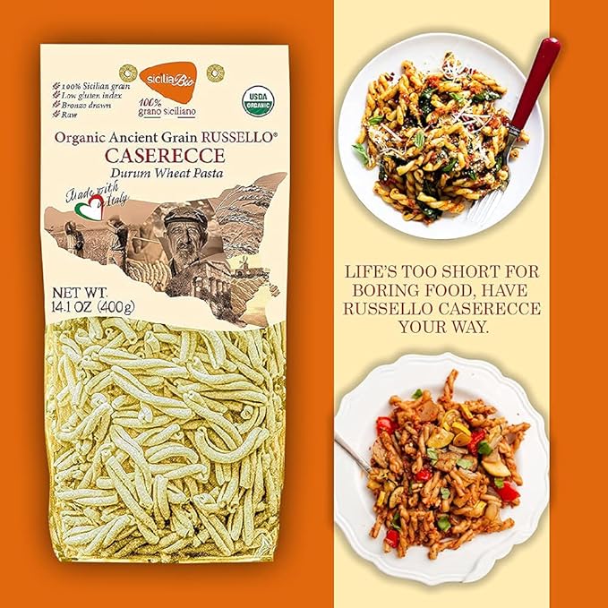 6 PACKS ORGANIC ITALIAN SEMI WHOLE DURUM WHEAT CASERECCE PASTA – Sicilian Ancient Grain Russello Vegan Pasta Crafted in Italy. LOW-GLUTEN INDEX. Has 6X More Fiber and Protein than Popular Grains