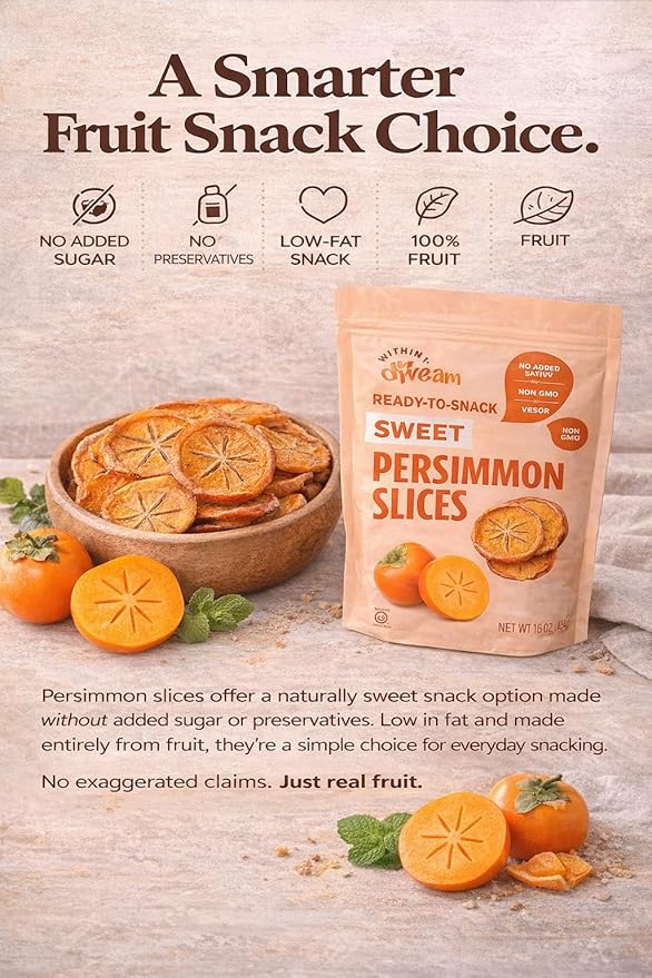 Whitney Jordan Naturals Sweet Air-Dried Persimmon Slices - Ready to Snack No Added Sugar Non-GMO Vitamin-Packed Fruit Healthy On-the-Go Snack 16 Ounce Bag