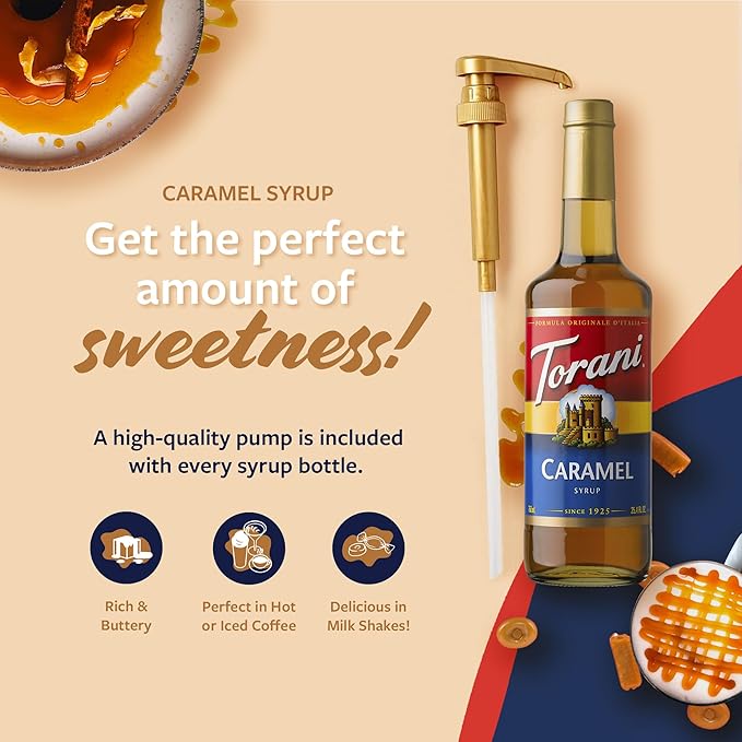 Torani Caramel Coffee Syrup for Drinks &amp Desserts Glass Bottle 4-Pack Pumps Included 25.4 Fl Oz Ea
