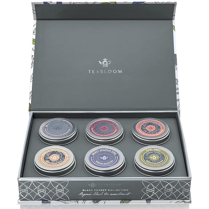 Teabloom Black Forest Organic Tea Collection - 6 Organic Loose Leaf Tea Blends Black Tea Leaves Blended with Fruits and Flowers