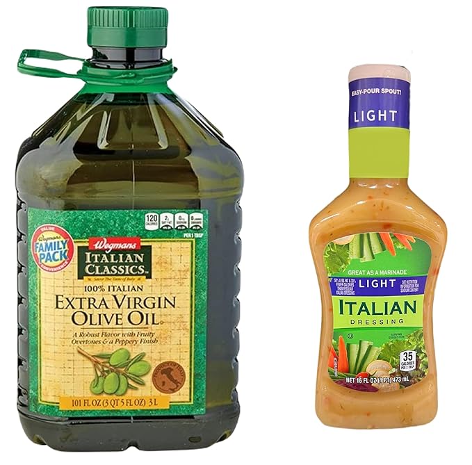 Wegmans Italian Classics Italian Extra Virgin Olive Oil FAMILY PACK 101 fl oz 3 Liter | A Robuts Flavor with Fruity Overtones &amp a Peppery Finish + Market Basket Italian Dressing Light 16 fl oz