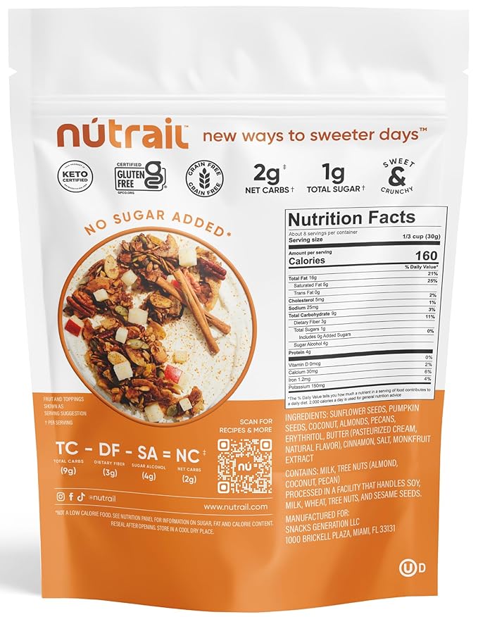 NuTrail Nut Granola Cereal Cinnamon Pecan No Sugar Added Gluten Free Grain Free Keto Low Carb Healthy Breakfast Cereal 8 Ounce (Pack of 6)…