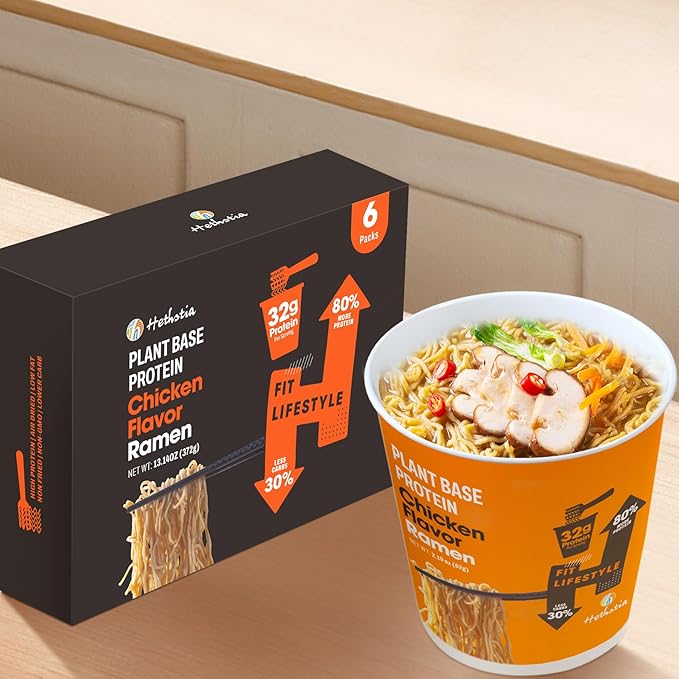 Hethstia Protein Ramen Chicken Flavor Pre-Packaged Ramen Soup Cup 6-Pack Instant High-Protein Noodles with 32g Plant Protein Vegan Low Fat Air-Dried Non-GMO Healthy Quick Meal