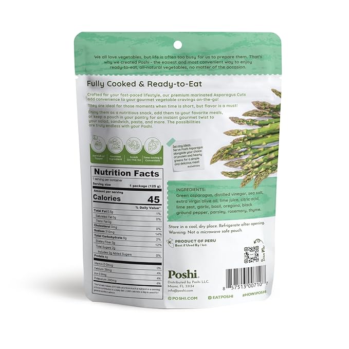 POSHI Marinated Asparagus Cuts with Rosemary + Oregano Natural Keto Vegan Non GMO Low Carb + Calorie Gluten Free Ready to Eat Fully Cooked Vegetables Pentry Food Gourmet Healthy 6 Pack 4.4oz
