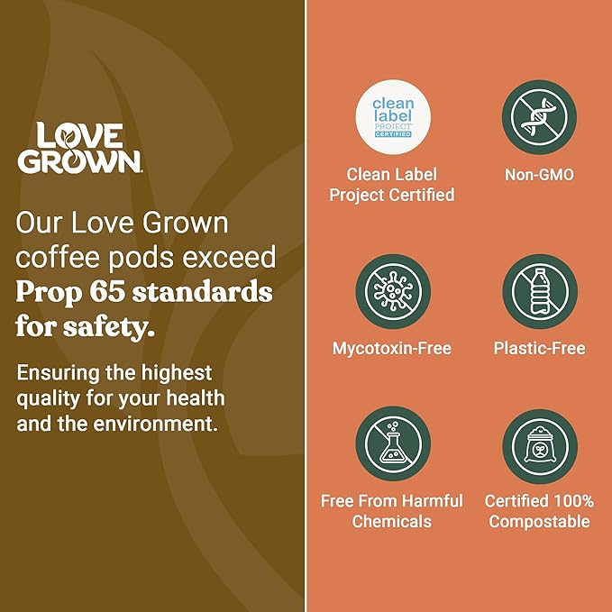 Love Grown Compostable Coffee Pods - Compatible With Most Major Coffee Pod Brewers - 100% Arabica Plastic-Free Non-GMO - Medium Roast Box of 15