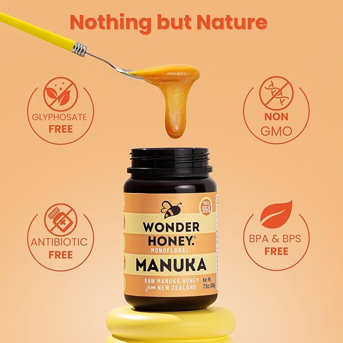 Wonder Honey Raw Manuka Honey New Zealand MGO550 (15+) Tested for 26 Markers Traceable Natural Soothing for Sore Throat Cough - Aids Digestion - Triple Sealed for safety in a Protective Box (1.1lb)