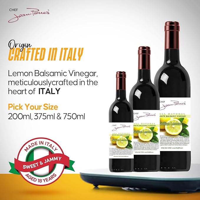 Chef Jean Pierre's Italian Balsamic Vinegar - 375ml (12.5oz) Rich Lemon Flavor 12-Years Traditional Barrel Aged - Ideal For Enhancing Your Meals