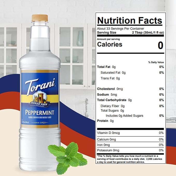 Torani Sugar Free Peppermint Syrup 1 Liter Bottle with Pump Dispenser – Zero Sugar Zero Calories Keto Friendly Gluten Free Mint Flavor for Coffee Lattes Cocktails and Holiday Drinks