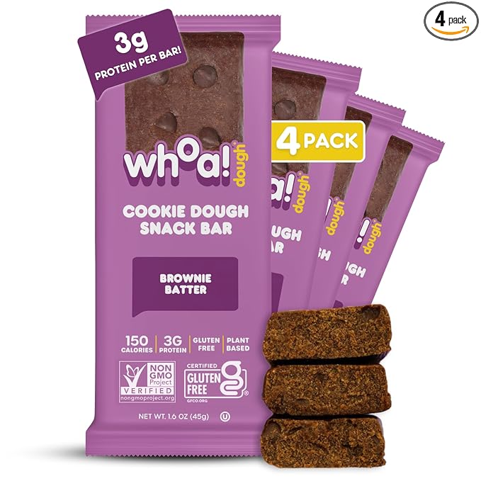 Whoa Dough Edible Cookie Dough Bars- Certified Non-GMO Kosher and Gluten Free Bars - Healthy Snack Foods - Plant Based Snacks Made With Real Ingredients - Brownie Batter Cookie Dough - 4 Pack