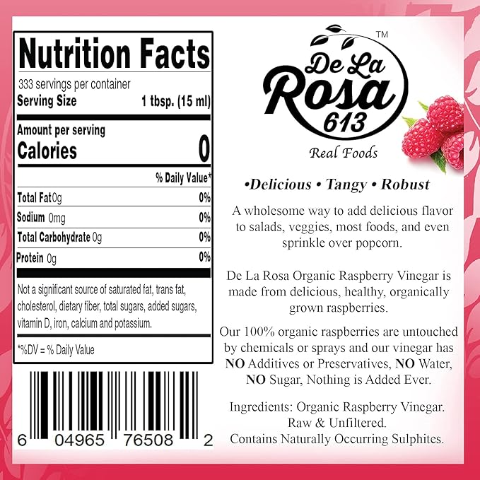 De La Rosa Organic Raspberry Vinegar Raw &amp Unfiltered Pure Vinegar Vegan Gluten Free &amp Kosher Great for Organic Salad Dressing and Marinades 5 Liters (Pack of 1)