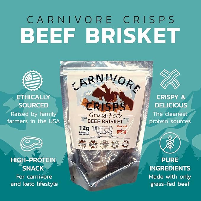 Carnivore Crisps Grass-Fed and Finished Beef Brisket Beef Crisps High Protein Keto &amp Carnivore Diet Approved Gluten-Free No Hormones 1.5 oz (Pack of 3)