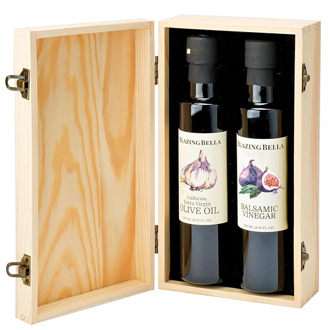 Blazing Bella Fig Balsamic and Garlic Olive Oil Gift Set 2 x 250ml Bottles in Signature Wooden Box Premium Barrel Aged Balsamic from Modena and California Extra Virgin Olive Oil